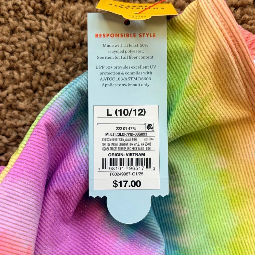 Cat & Jack Rainbow Glitter Ribbed 1pc UPF50 Swim Bathing Suit Large 10/12 NWT